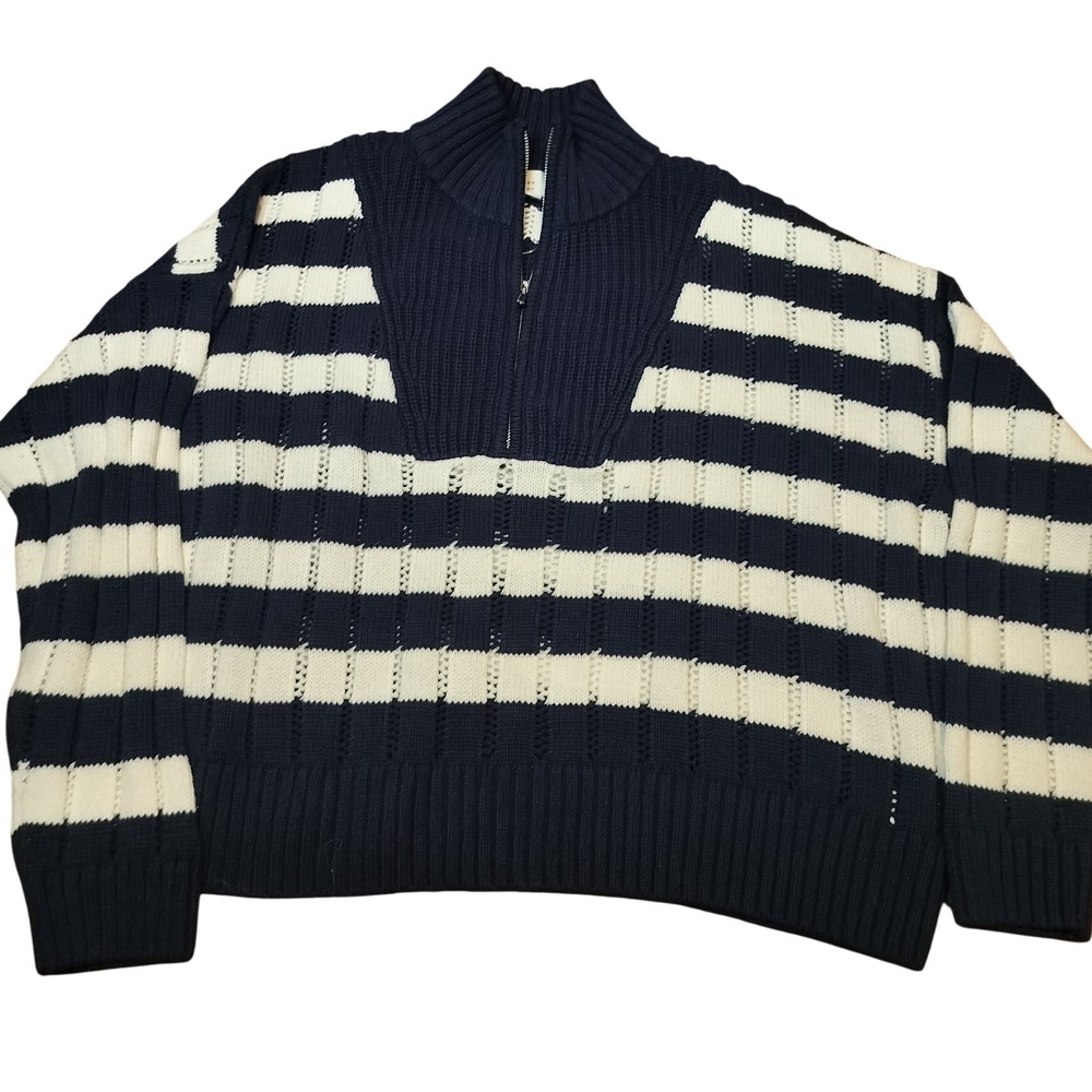 NWOT A New Day Womens 1X Plus Navy White Stripe Mock Quarter Zip Knit Sweater‎